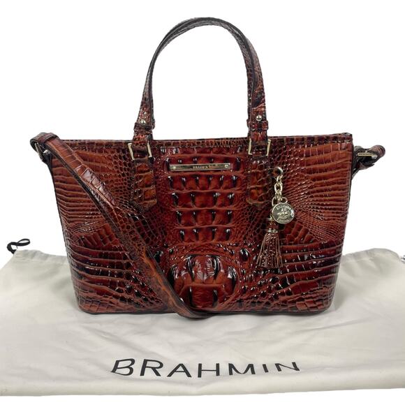 Brahmin Mini Asher Tote Satchel Bag Pecan Melbourne Brown Croc Embossed - Picture 2 of 11
